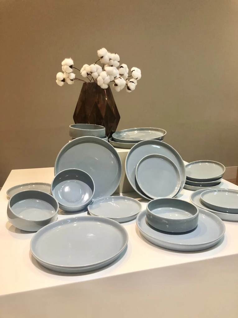 Set 72 Piese Nebula: Farfurii Mari 25 cm, Farfurii Mici 20 cm  boluri 400 ml (90% Gri si 10% Albastru)