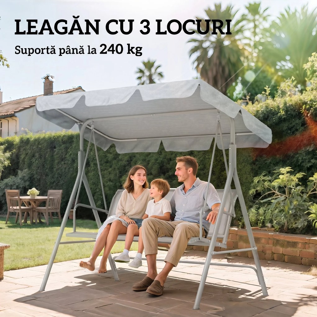 Balansoar de grădină 3 locuri Hollywoodschaukel cu acoperiș din metal gri+argintiu 170 x 110 x 153 cm | Aosom Romania