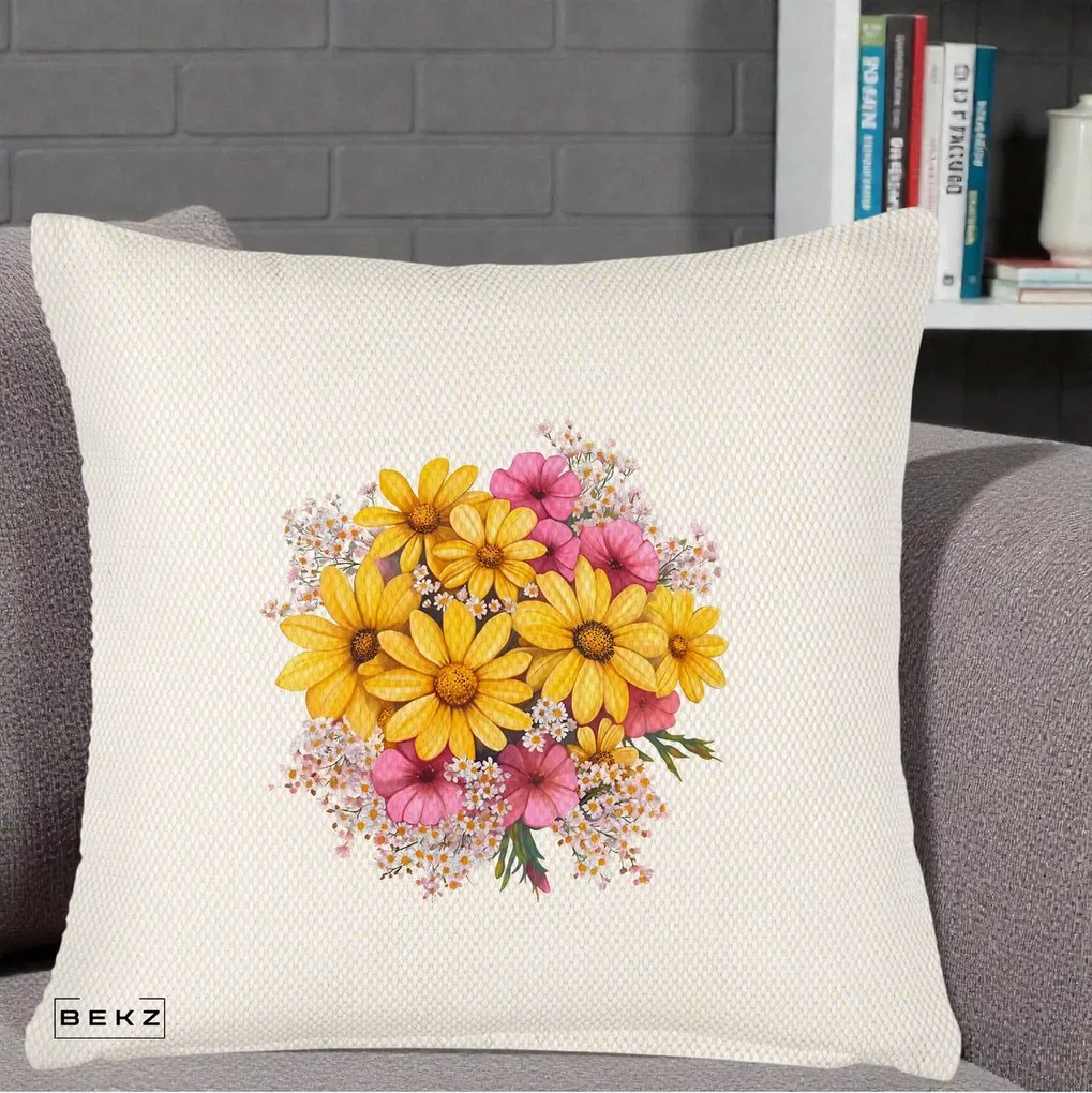 Perna Decorativa Floarea-Soarelui cu Cosmos Roz si Gypsophila, 40x40 cm, Crem Reliefat, Husa Detasabila, Perna Inclusa, BEKZ®