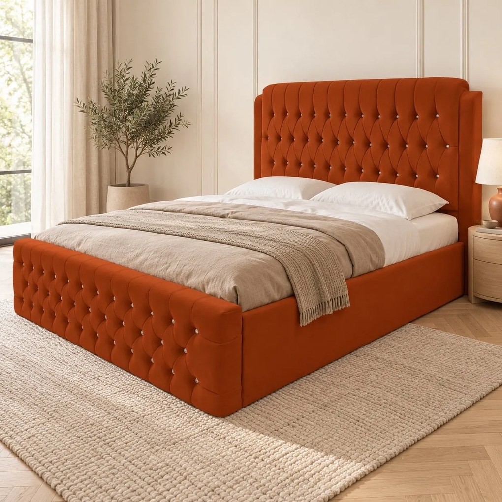 Pat tapițat Chesterfield din catifea Aveline Deluxe 180×200 cm, cărămiziu, cu ladă de depozitare