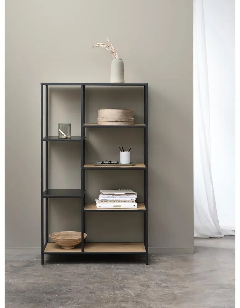 Bibliotecă neagră/în culoare naturală cu aspect de lemn de stejar 80x146x35 cm Altino – Unique Furniture