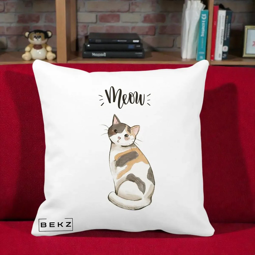 Perna Personalizata Pisica Meow Acuarela, 40x40 cm, Alba Mata, Husa Detasabila, Perna Inclusa, BEKZ®
