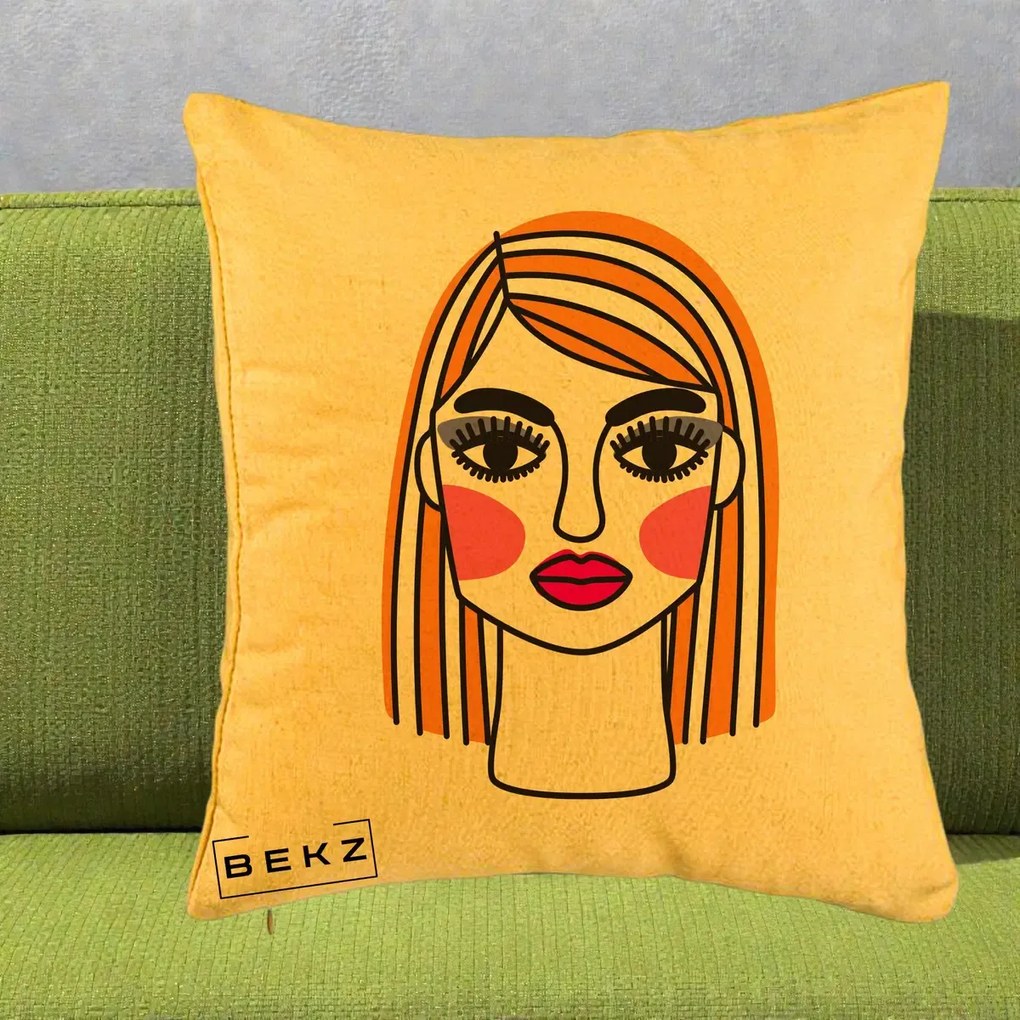 Perna Decorativa Portret Pop Art Fata, 40x40 cm, Galben, Husa Detasabila, Perna Inclusa, BEKZ®