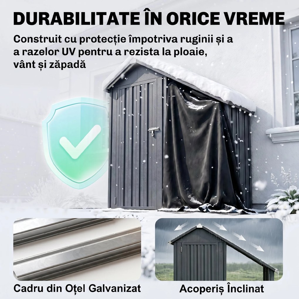 Outsunny Șopron Exterior pentru Lemne cu Dulap pentru Unelte, 0,77 m², 150x66x162 cm, Din Oțel Galvanizat, Gri Închis | Aosom Romania