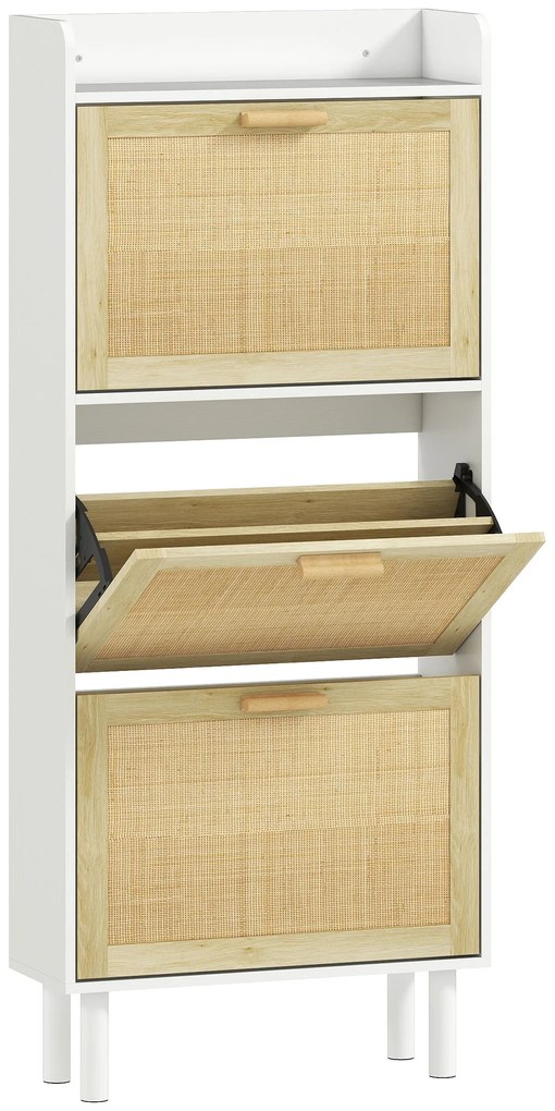 HOMCOM Dulap pentru pantofi 3 uși rabatabile etajeră efect rășină împletită design boem 65 x 24,5 x 153 cm alb | Aosom Romania