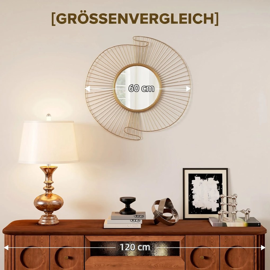 HOMCOM Oglindă Decorativă de Perete Rotundă, Design Modern cu Benzi Metalice și Ramă Plisată, Pentru Sufragerie, Dormitor și Hol, 60x60 cm, Auriu | Aosom Romania