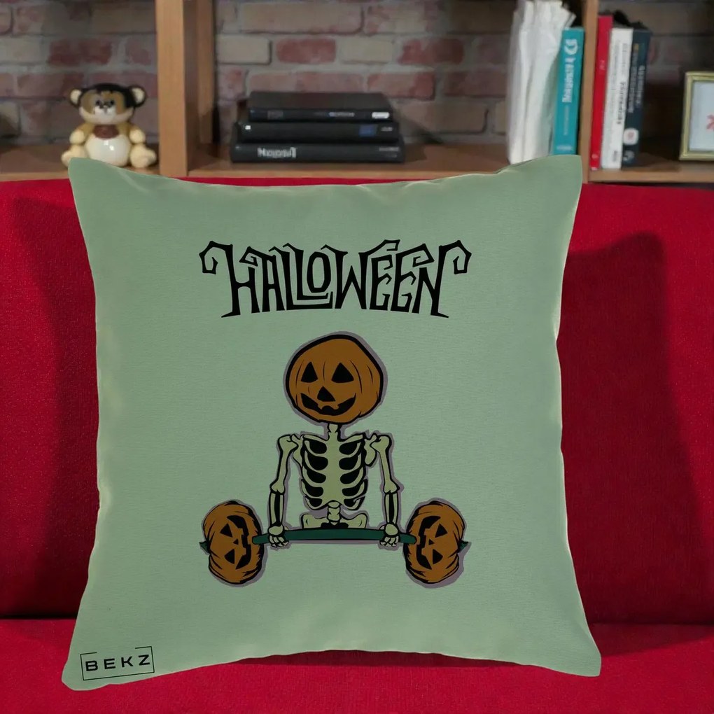 Perna Decorativa Halloween Schelet cu Cap de Dovleac Powerlifting, 40x40 cm, Verde, Husa Detasabila, Perna Inclusa, BEKZ®