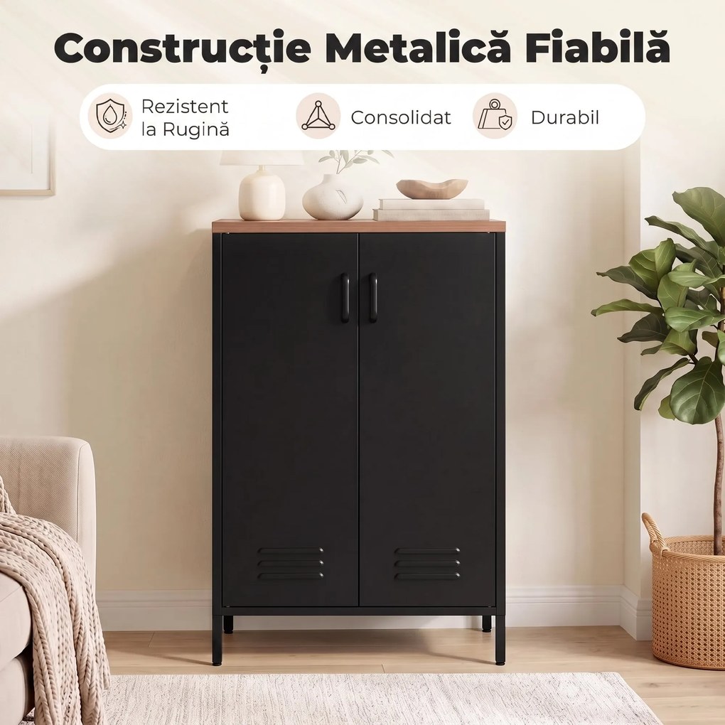HOMCOM Bufet din Metal cu 2 Uși și Poliță Reglabilă, pentru Living/Birou, Negru | Aosom Romania