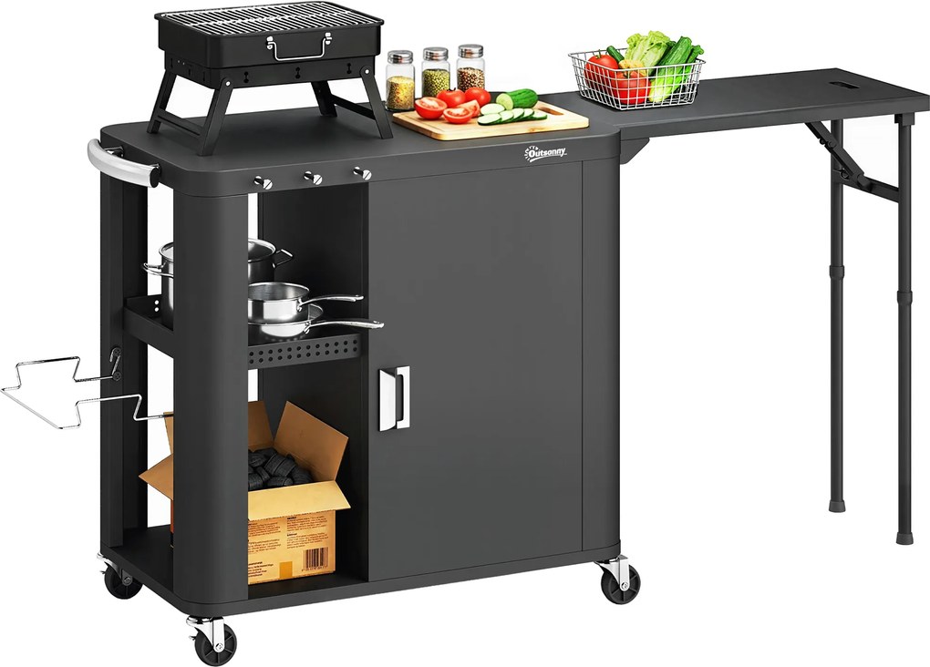 Outsunny Servantă de grădină cărucior de grătar pe roți cu masă laterală pliabilă dulap rafturi 166 x 54 x 88 cm negru | Aosom Romania