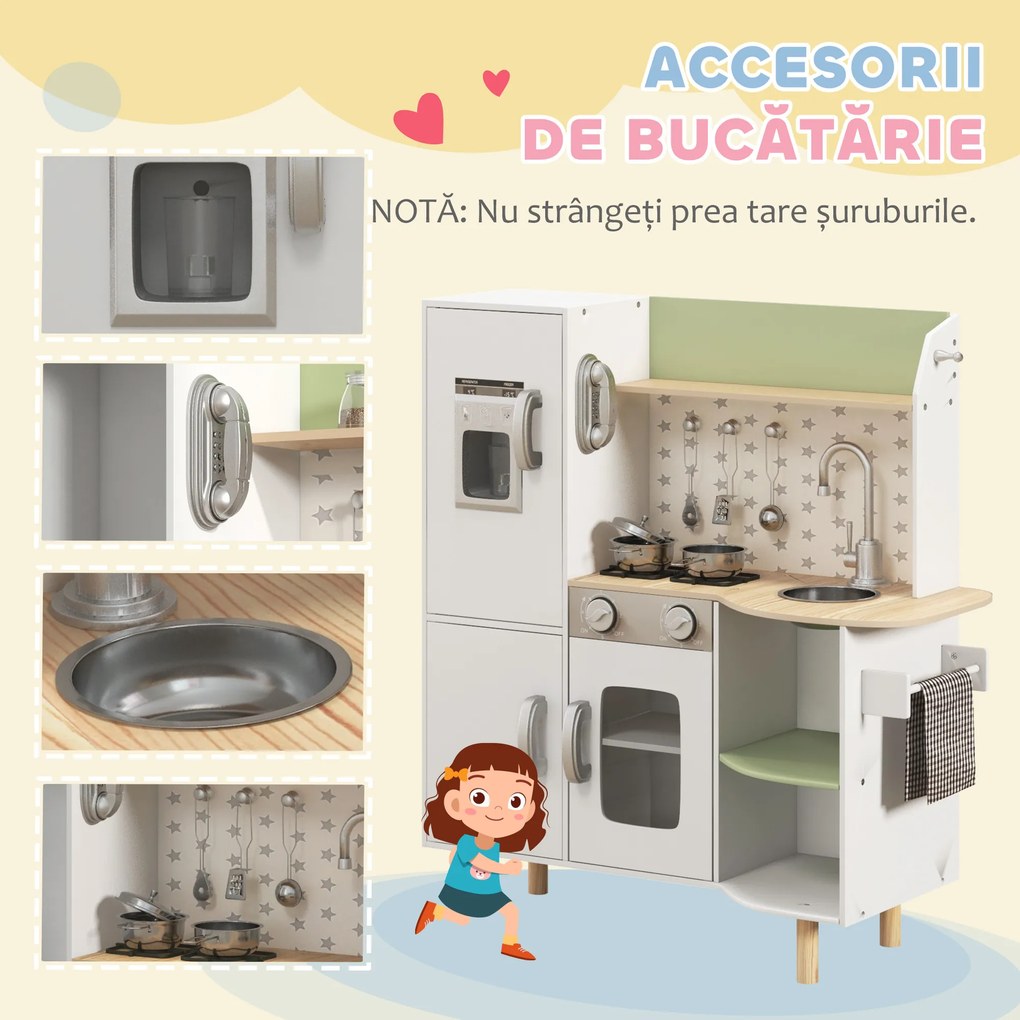 AIYAPLAY Set de Joaca de Bucatarie de Jucarie, cu Telefon, Aparat de Gheata, Aragaz, Chiuveta, Ustensile, pentru Copii de 3-6 ani, Alb | Aosom Romania