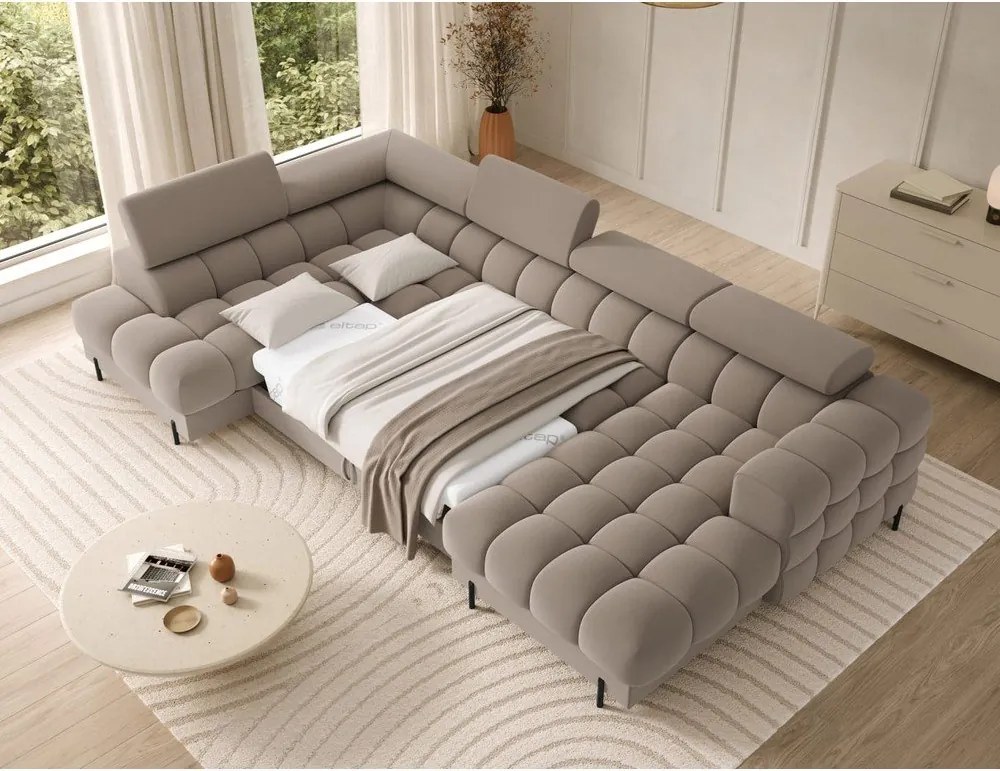 Colțar maro deschis extensibil cu tapițerie din catifea (cu colț pe partea stângă/în formă de "U") Feraria – ELTAP