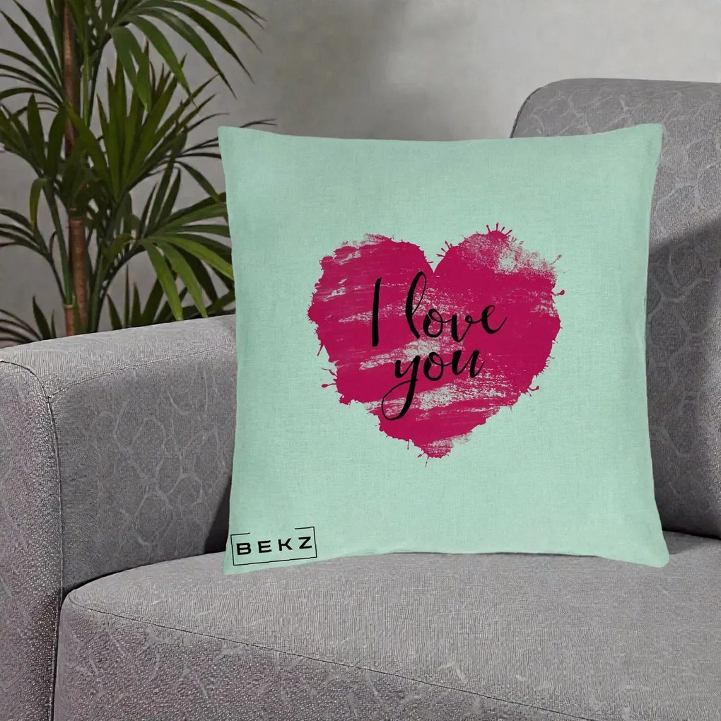 Cadou Romantic - Perna Personalizata I Love You Inima Roz, 40x40 cm, Verde Menta, Husa Detasabila, Perna Inclusa, BEKZ®