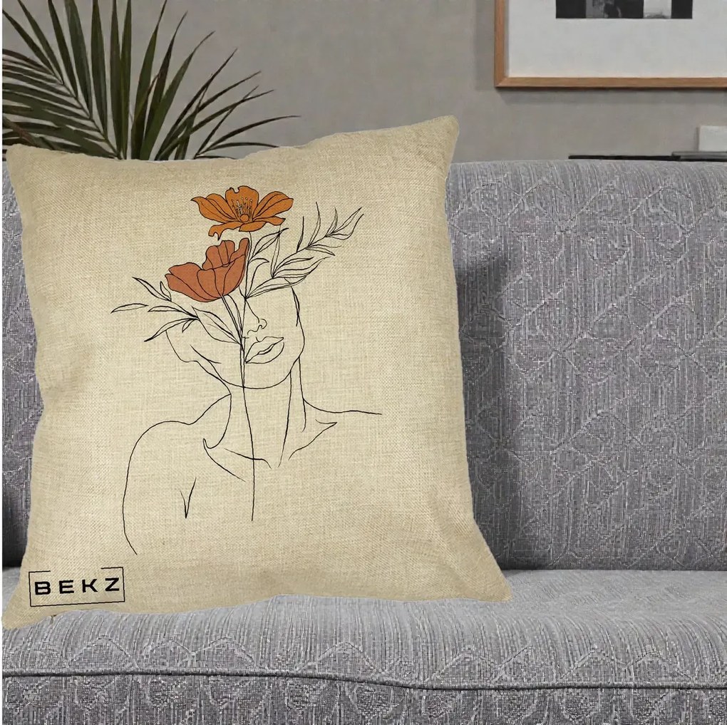 Perna Decorativa Portret Feminin Doua Flori, 40x40 cm, Crem, Husa Detasabila, Perna Inclusa, BEKZ®