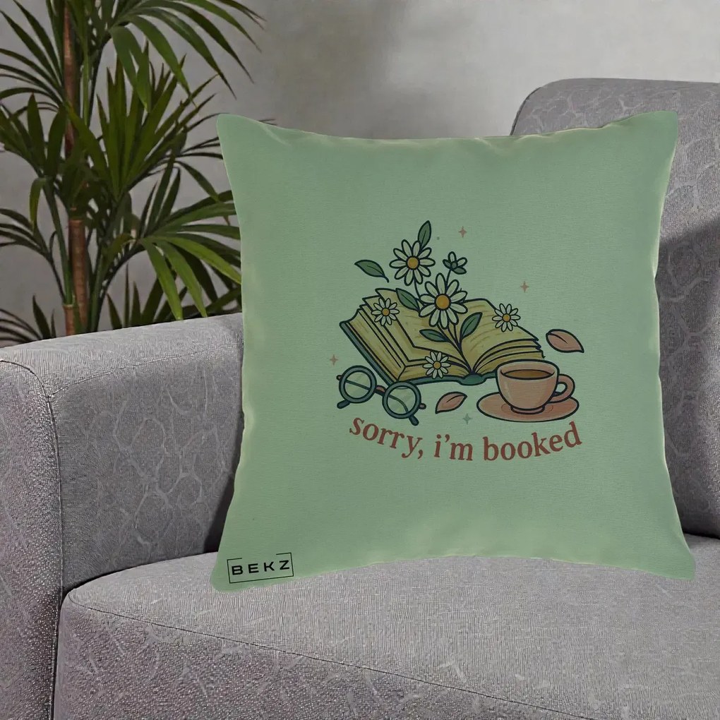 Perna Personalizata Sorry I'm Booked Carti Flori, 40x40 cm, Verde, Husa Detasabila, Perna Inclusa, BEKZ®