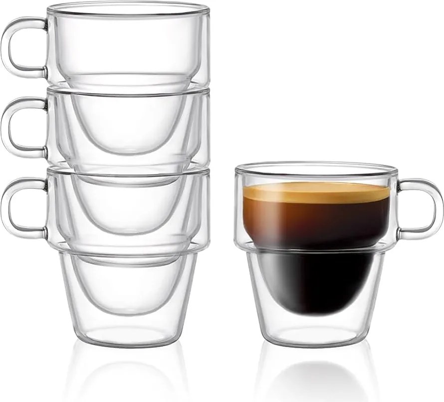Set 4 cani sticla borosilicata 250 ml, perete dublu, stivuibile