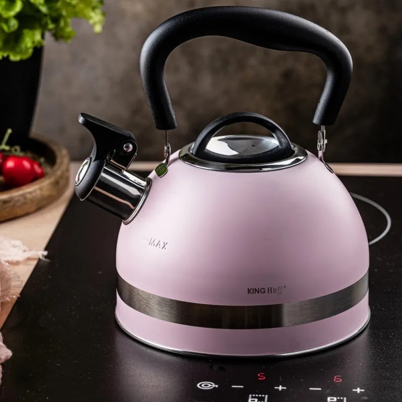 Ceainic cu fluier Kinghoff KH 1856, 1.8 l, Inductie, Maner izolat termic, Roz