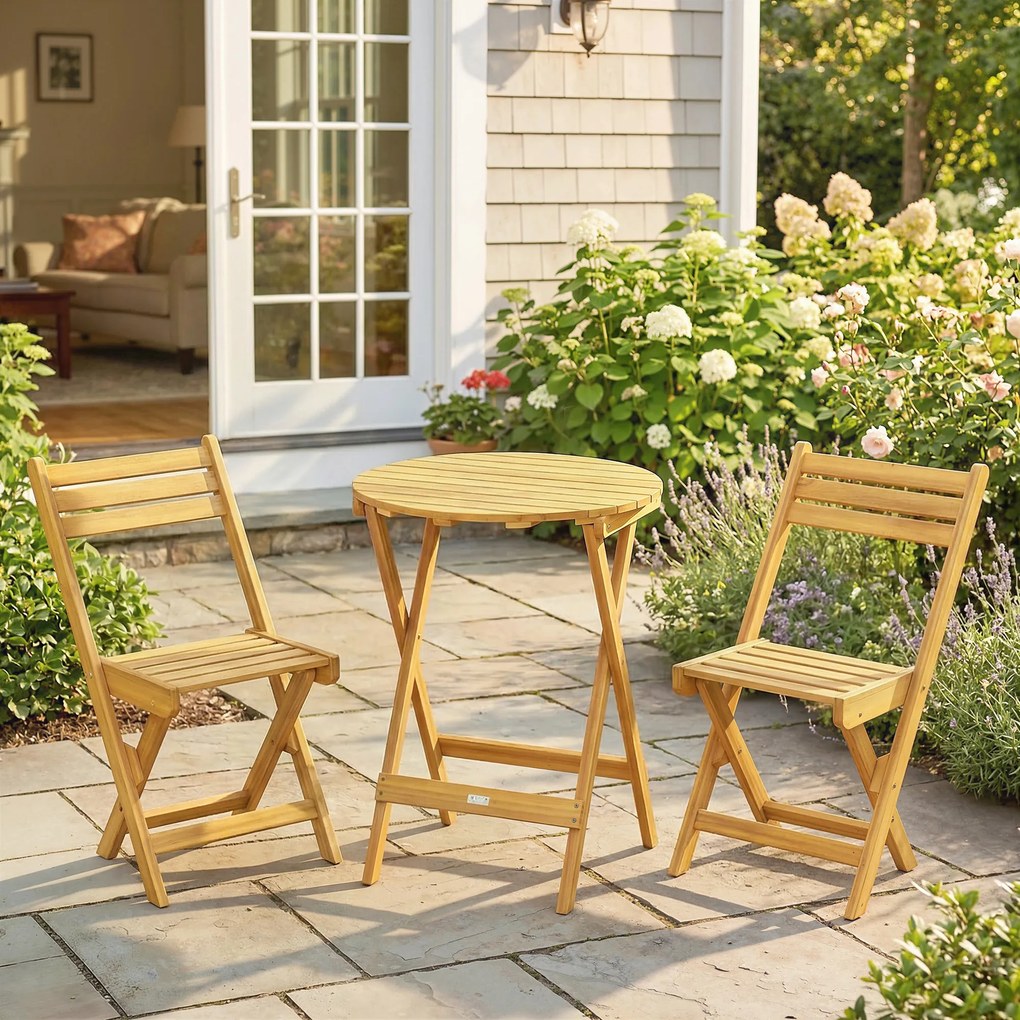 Outsunny Set bistro pliant 3 piese din lemn de acacia cu masă rotundă și 2 scaune, fără asamblare, 60x60x75cm, Natural | Aosom Romania