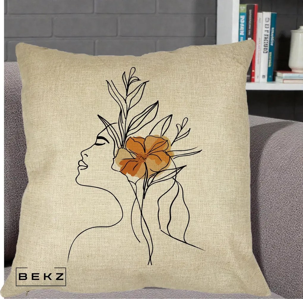 Perna Decorativa Portret Feminin Floare Portocalie Lateral, 40x40 cm, Crem, Husa Detasabila, Perna Inclusa, BEKZ®