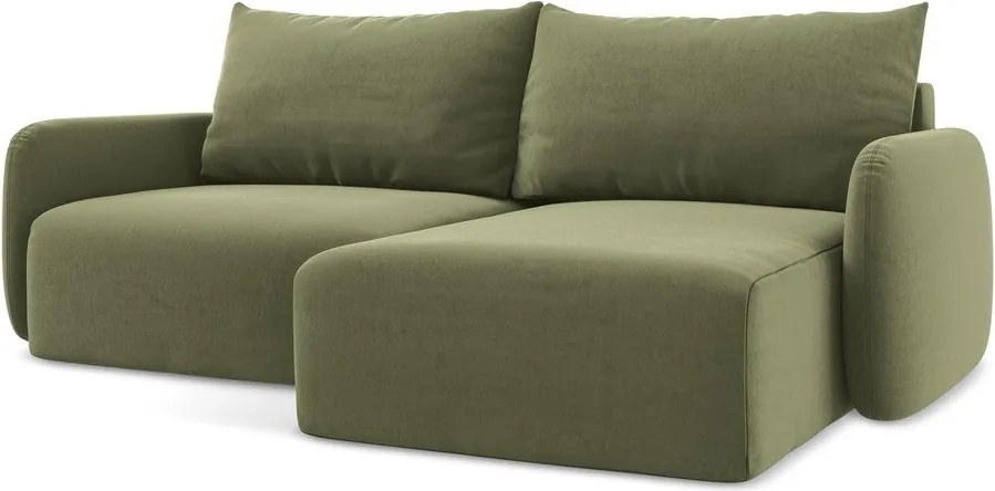 Colțar verde extensibil/cu spațiu de depozitare cu tapițerie din catifea (cu colț pe partea dreaptă/cu șezlong) Kalena – Makamii