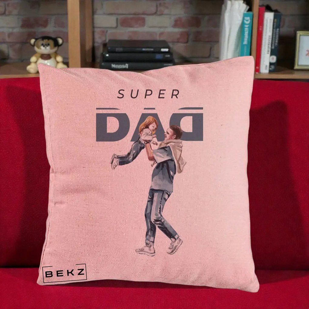 Cadou pentru Tata - Perna Personalizata Super DAD Tata si Fiica, 40x40 cm, Roz, Husa Detasabila, Perna Inclusa, BEKZ®