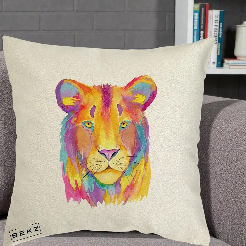 Perna Decorativa Leu Acuarela Curcubeu, 40x40 cm, Ecru, Husa Detasabila, Perna Inclusa, BEKZ®