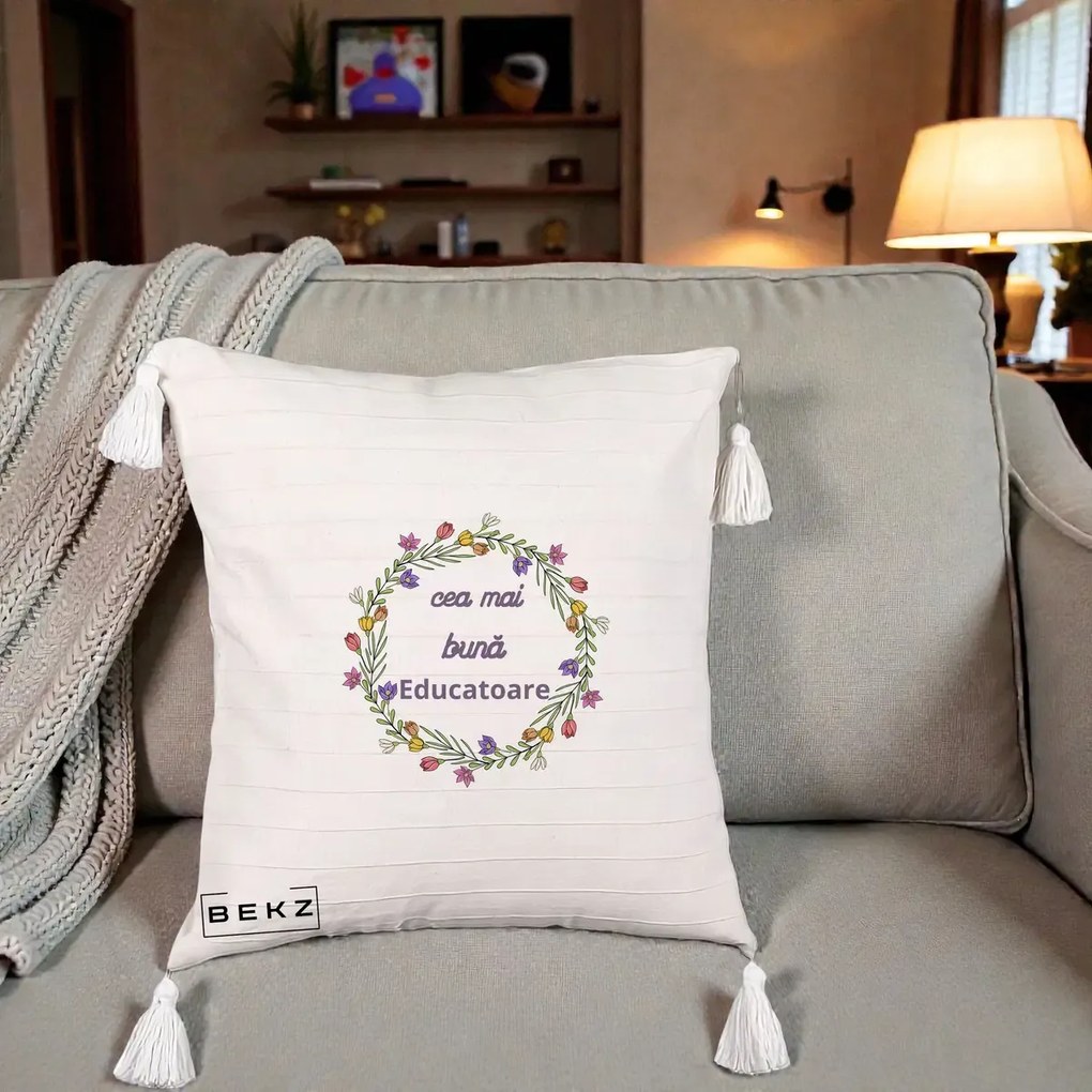 Cadou pentru Educatoare - Perna Personalizata Cea mai Buna Educatoare cu Coronita Florala Colorata, 40x40 cm, Bej cu Franjuri, Husa Detasabila, Perna Inclusa, BEKZ®