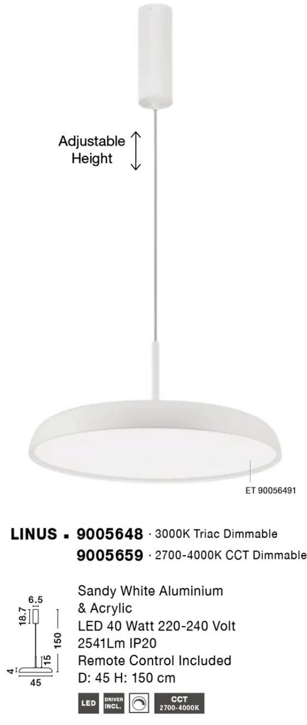 Lustra LED suspendata dimabila cu telecomanda LINUS D-45cm