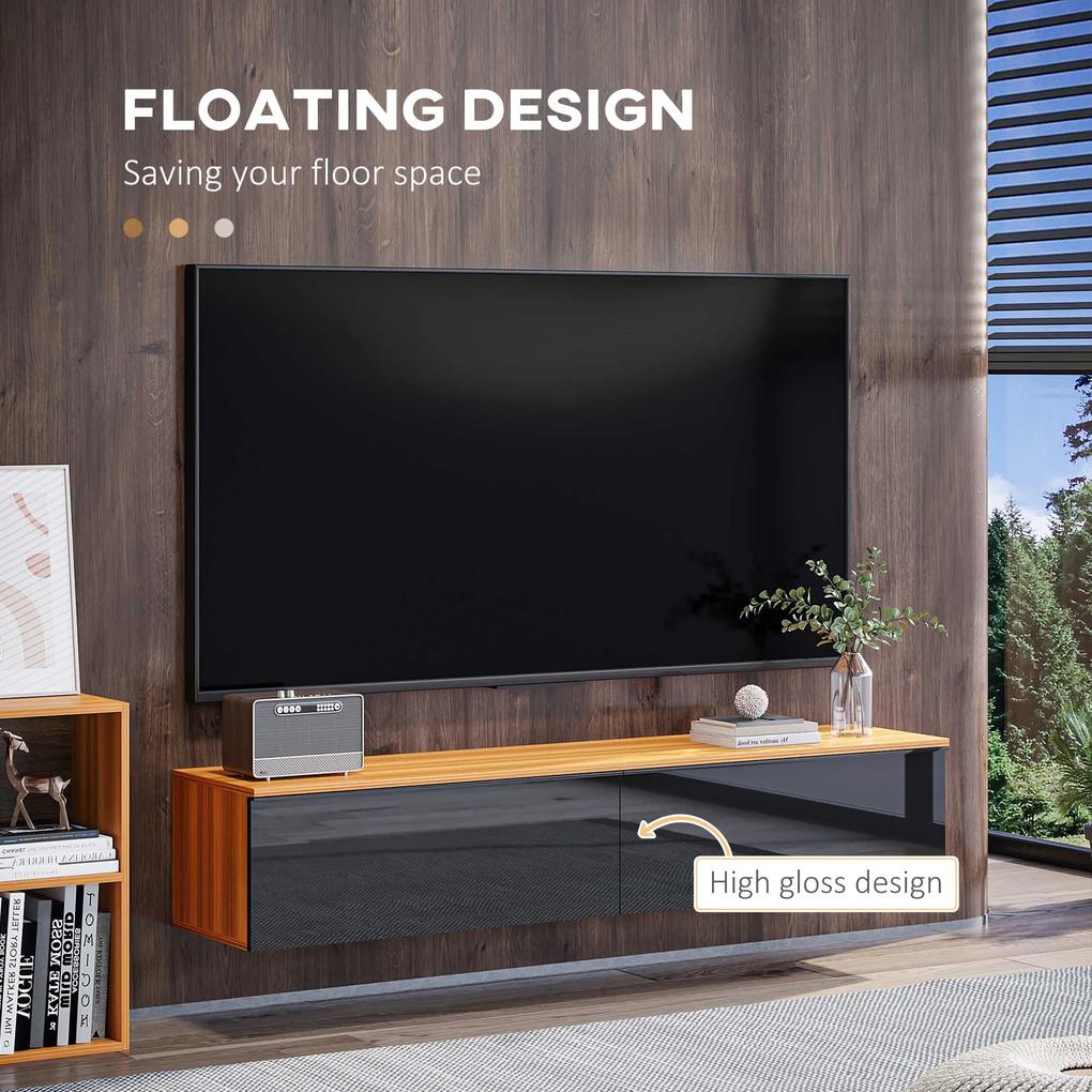 Dulap de perete HOMCOM pentru televizor cu design lucios si dulapuri inchise, PAL, 160x35x30 cm, maro si negru | Aosom RO