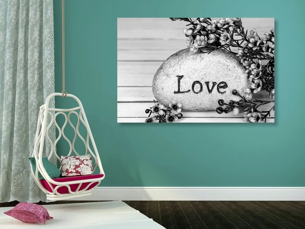 Tablou cu inscripție pe piatră Love în design alb-negru