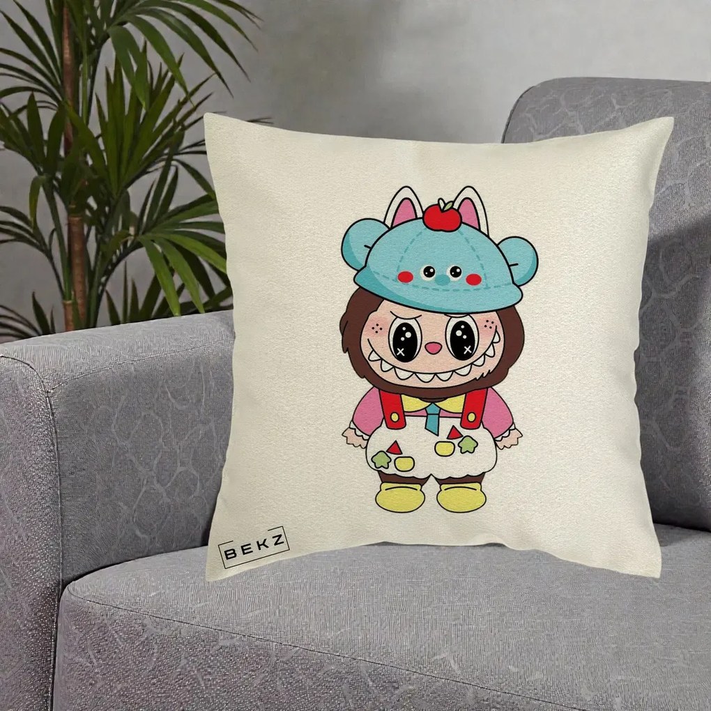 Perna Personalizata Labubu x Urs Albastru Colorat, 40x40 cm, Ecru, Husa Detasabila, Perna Inclusa, BEKZ®