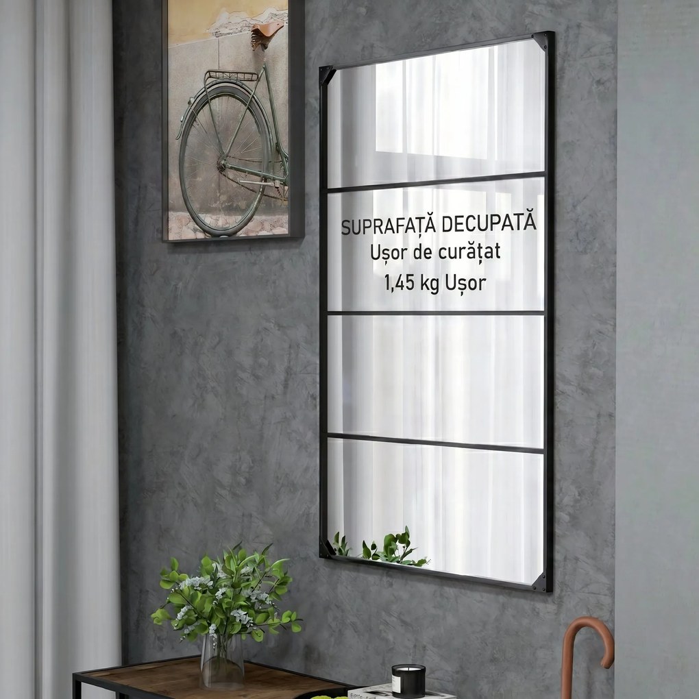 HOMCOM Oglindă Industrială de Perete, Oglindă Dreptunghiulară cu Ramă Metalică, Oglindă Decorativă, 109x2x69 cm, Negru | Aosom Romania