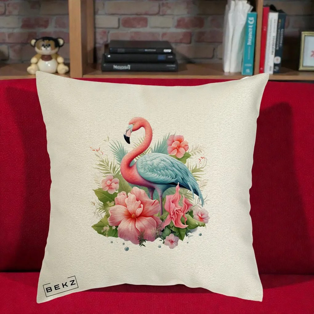 Perna Decorativa Flamingo cu Hibiscus Tropical, 40x40 cm, Ecru, Husa Detasabila, Perna Inclusa, BEKZ®