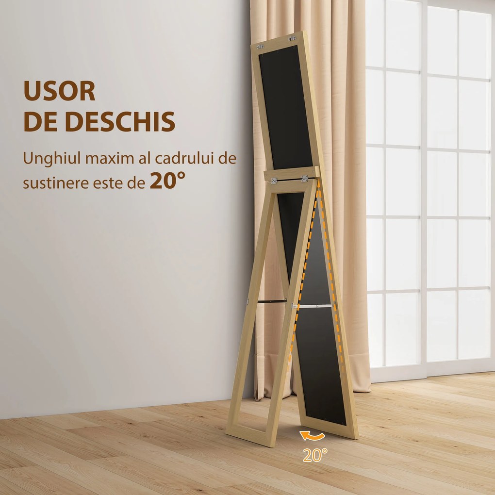 HOMCOM Oglindă cu Ramă din MDF, Picioare și Cârlige pentru Utilizare pe Podea sau pe Perete, 37x40x155 cm, Lemn Natural | Aosom Romania