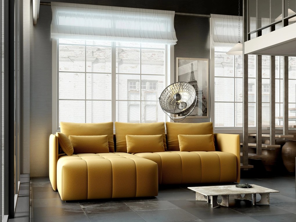 Colțar extensibil dumonde cu ladă de depozitare si sezut confortabil din spuma high-density, Malta Royal Muștar 235x185 cm