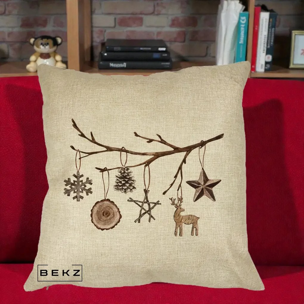 Perna Decorativa Ornamente de Lemn pe Ramura, 40x40 cm, Crem, Husa Detasabila, Perna Inclusa, BEKZ®