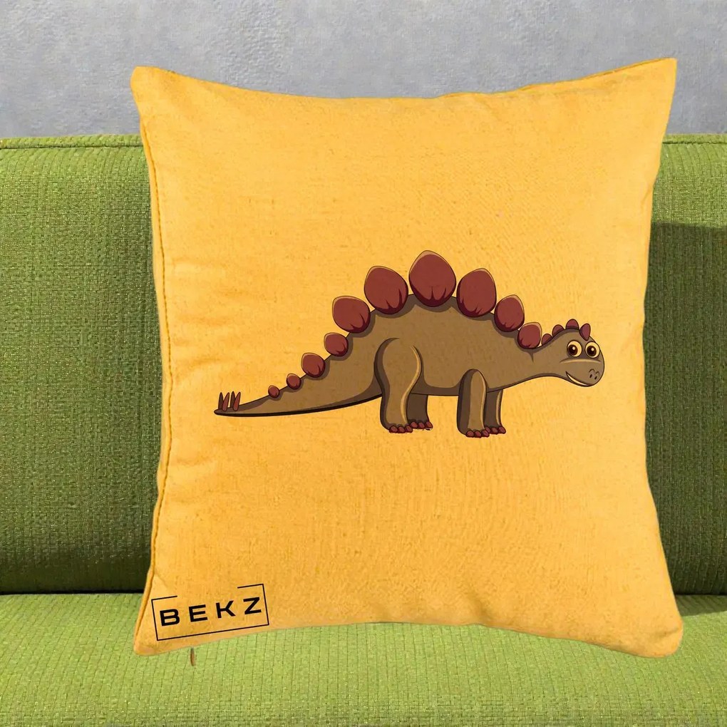 Perna Personalizata Stegozaur Mov, 40x40 cm, Galben, Husa Detasabila, Perna Inclusa, BEKZ®