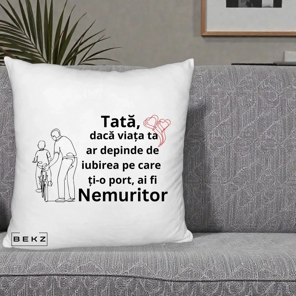 Cadou pentru Tata - Perna Personalizata Tata Nemuritor Bicicleta, 40x40 cm, Alb Pufos, Husa Detasabila, Perna Inclusa, BEKZ®
