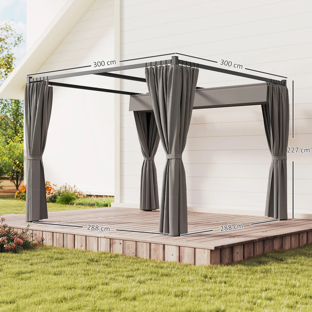 Outsunny Pergolă Retractabilă 3x3 m, Foișor de Grădină cu Perdele, pentru Grătar, Terasă, Deck, Bej | Aosom Romania