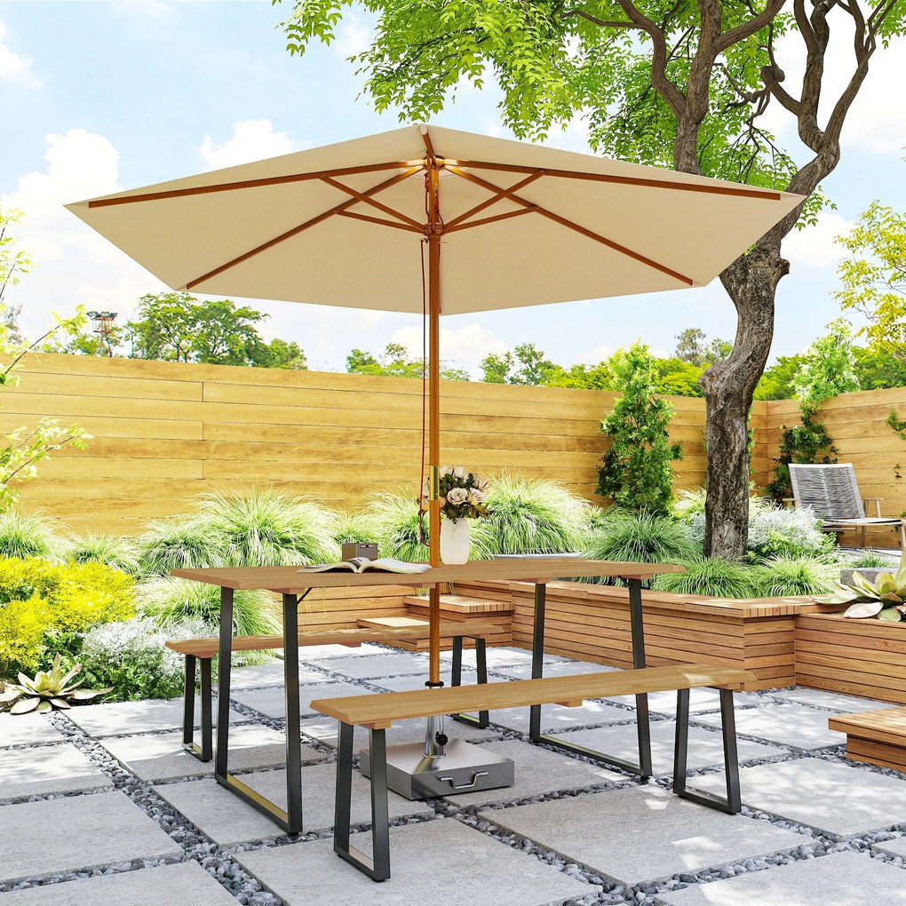 Outsunny Grup de mobilier din 3 piese din lemn pentru 6 persoane Masă de bucătărie cu 2 bănci Orificiu pentru umbrelă Masă din lemn 178 x 76 x 77 cm Lemn natural | Aosom Romania