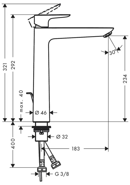 Baterie inalta lavoar, Hansgrohe, Talis E 240, cu ventil, negru periat