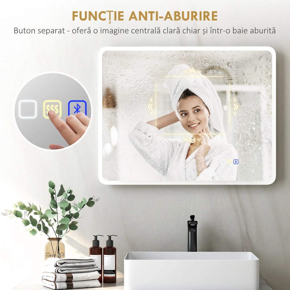 HOMCOM Oglindă de baie LED bluetooth 70 x 90 cm interruptor tactil lumină reglabilă 3 culori anti-abur memorie argintiu | Aosom Romania