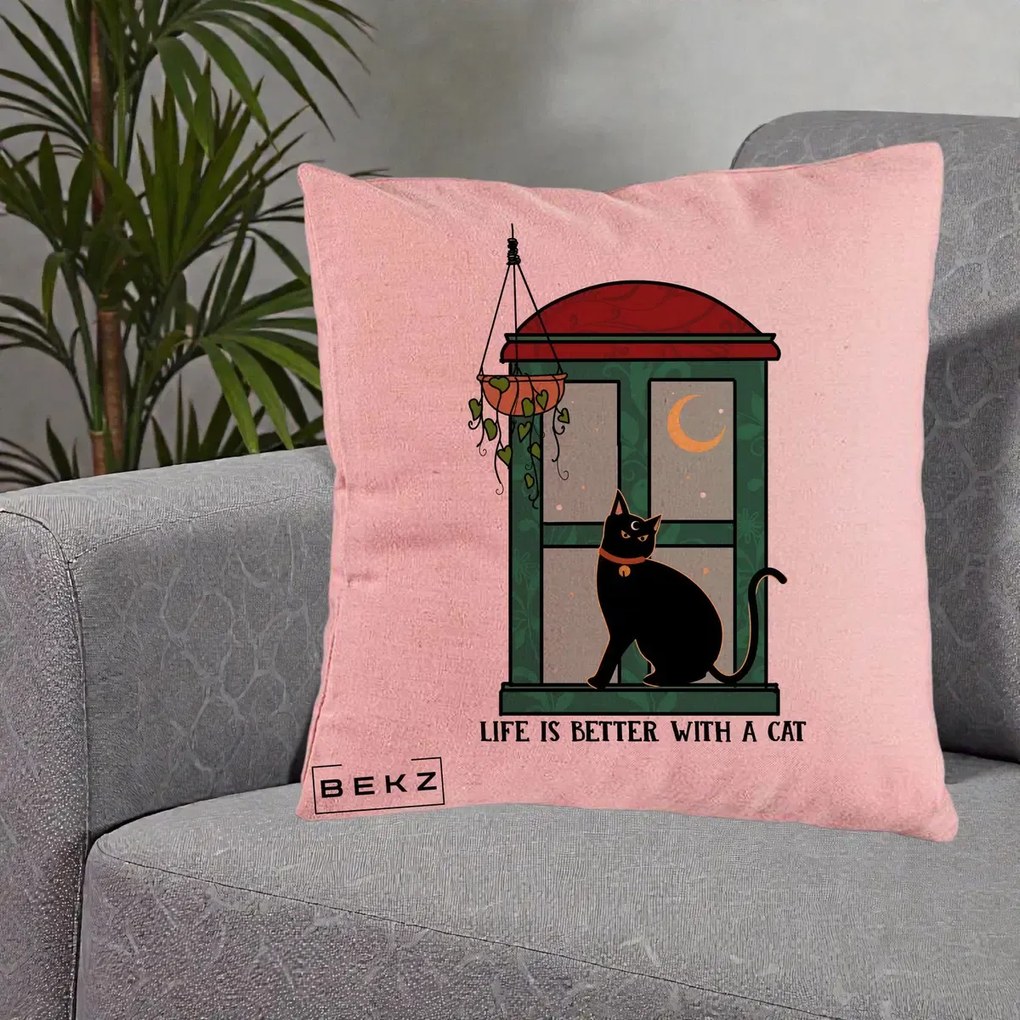 Perna Personalizata Life is Better with a Cat Geam, 40x40 cm, Roz, Husa Detasabila, Perna Inclusa, BEKZ®