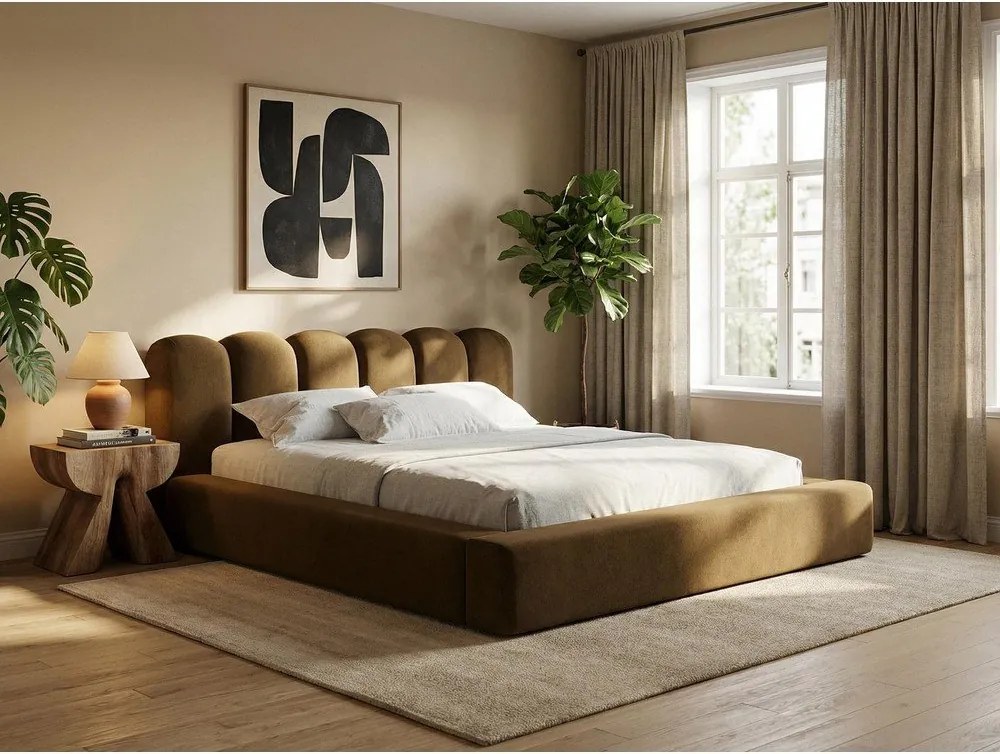 Pat matrimonial gri închis tapițat cu spațiu de depozitare cu somieră 160x200 cm Mano – Makamii