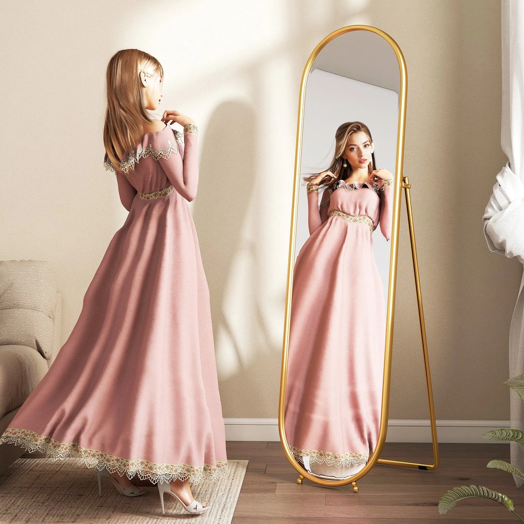 HOMCOM Oglindă Înaltă cu Cadru de Susținere, Oglindă Ovală pentru Dormitor sau Living, 40x4x160 cm, Auriu | Aosom Romania