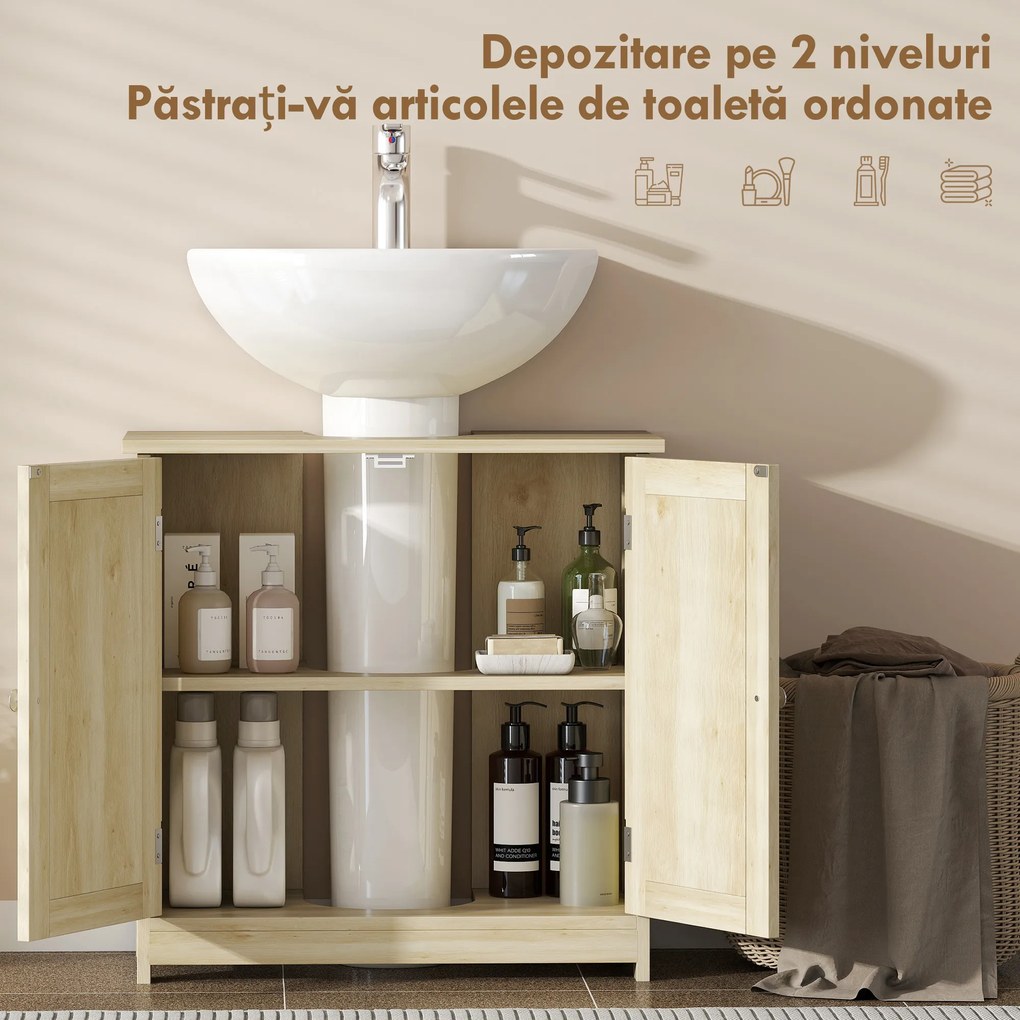 Kleankin Dulap Sub Chiuvetă cu 2 Uși și Raft Reglabil, Dulap de Baie Spațios cu Decupaj în Formă de U, 60x30x60 cm, Alb | Aosom Romania