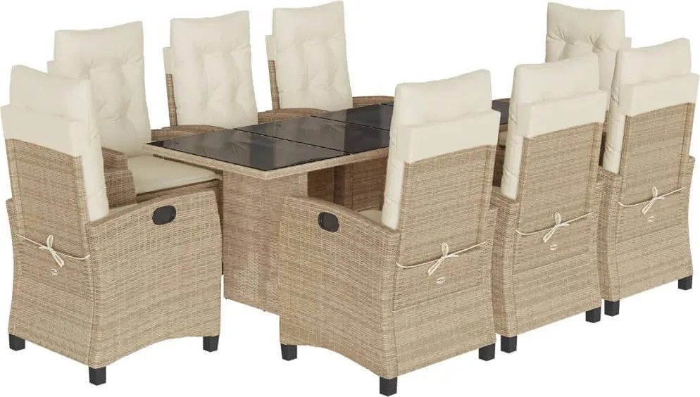 vidaXL Set de masă pentru grădină, 9 piese, cu perne, bej, poliratan