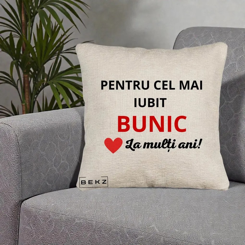 Cadou pentru Bunic - Perna Personalizata Pentru Cel Mai Iubit Bunic La Multi Ani Rosu, 40x40 cm, Bej Canapea, Husa Detasabila, Perna Inclusa, BEKZ®