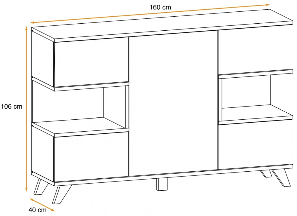 Comoda design modern, usi deschidere prin apasare push open, 160 x 106x 40 cm, stejar  gri mat picioare negre, pentru living, dormitor, birou,Bortis