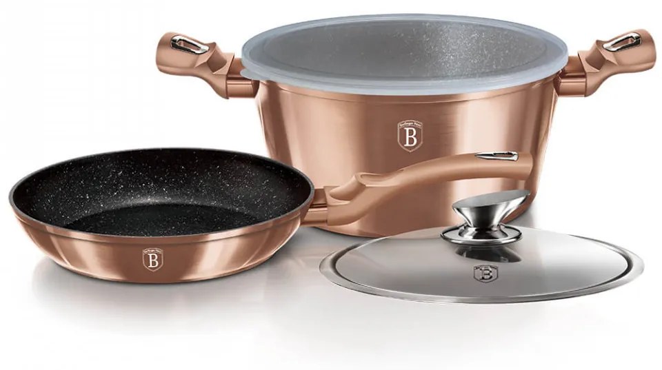 Set oala cu capac si tigaie (4 piese) din aluminiu forjat Rose Gold Collection Berlinger Haus BH 6200