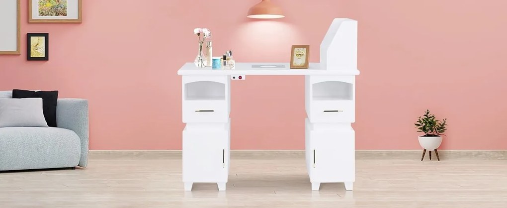 MANIA201 - Masuta manichiura, 120 cm, cu aspirator incorporat, masa cosmetica - Alba